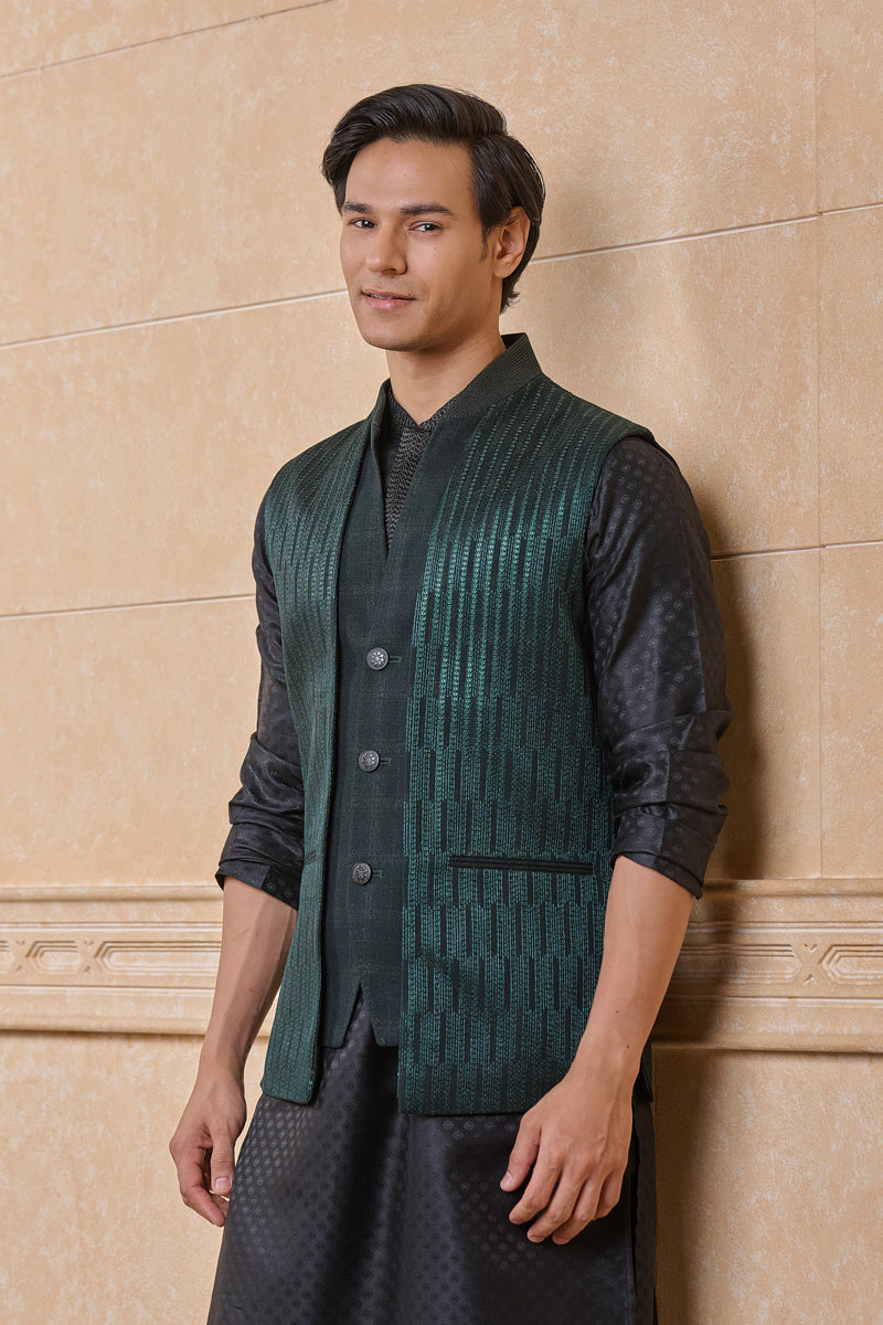 Dark Green Double Panelled Single Bundi