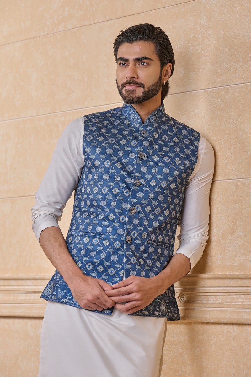 Navy Classic Printed Bundi