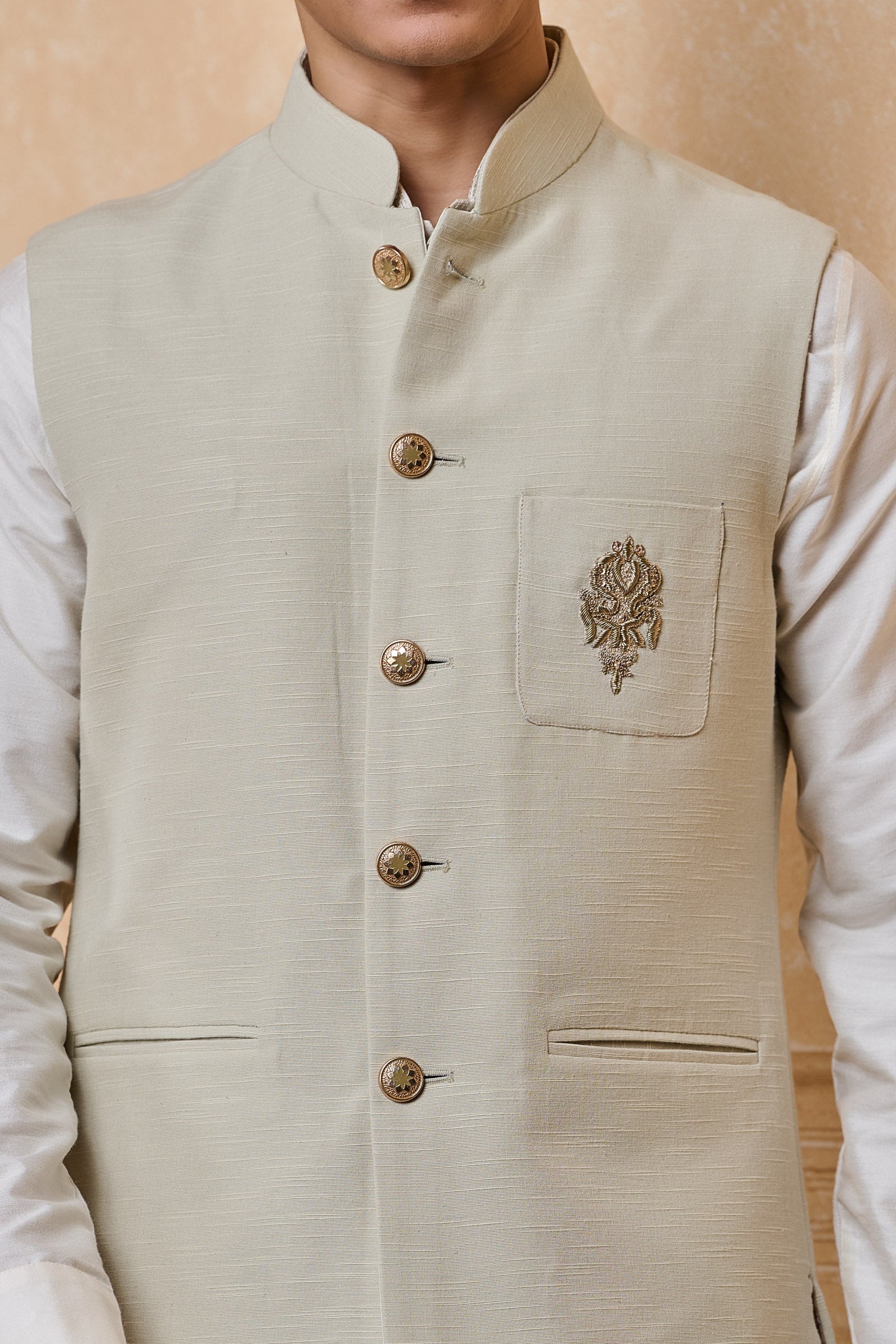 Light Green Cotton Bundi With Embroidered Crest