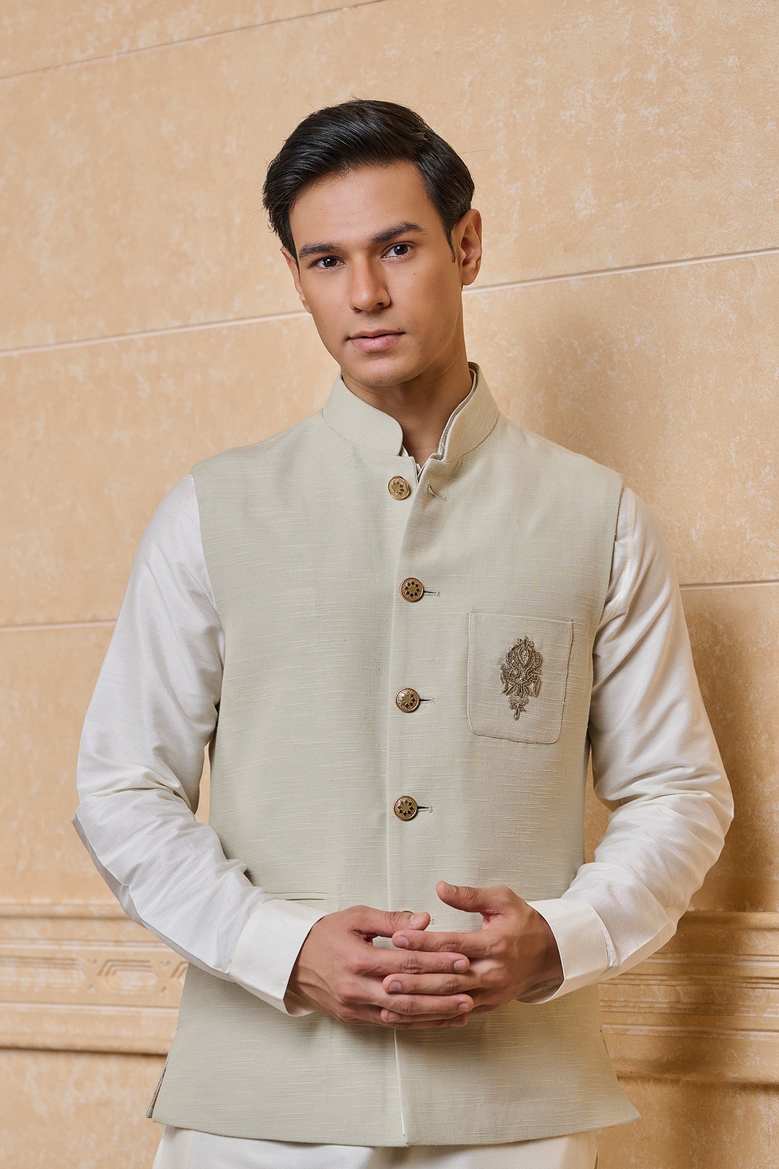 Light Green Cotton Bundi With Embroidered Crest