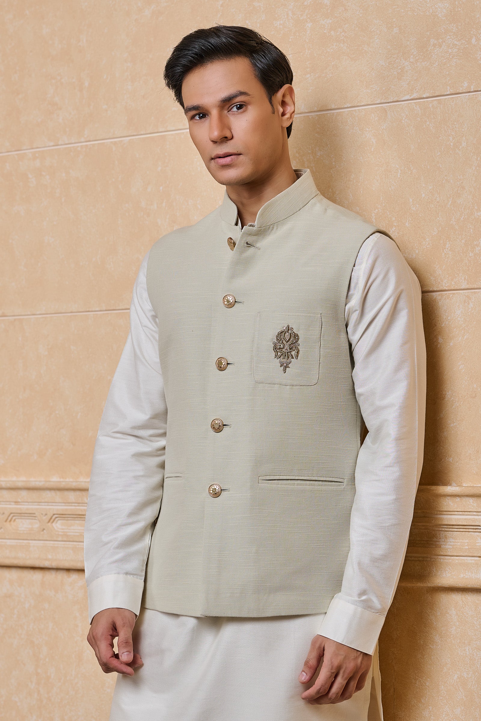 Light Green Cotton Bundi With Embroidered Crest
