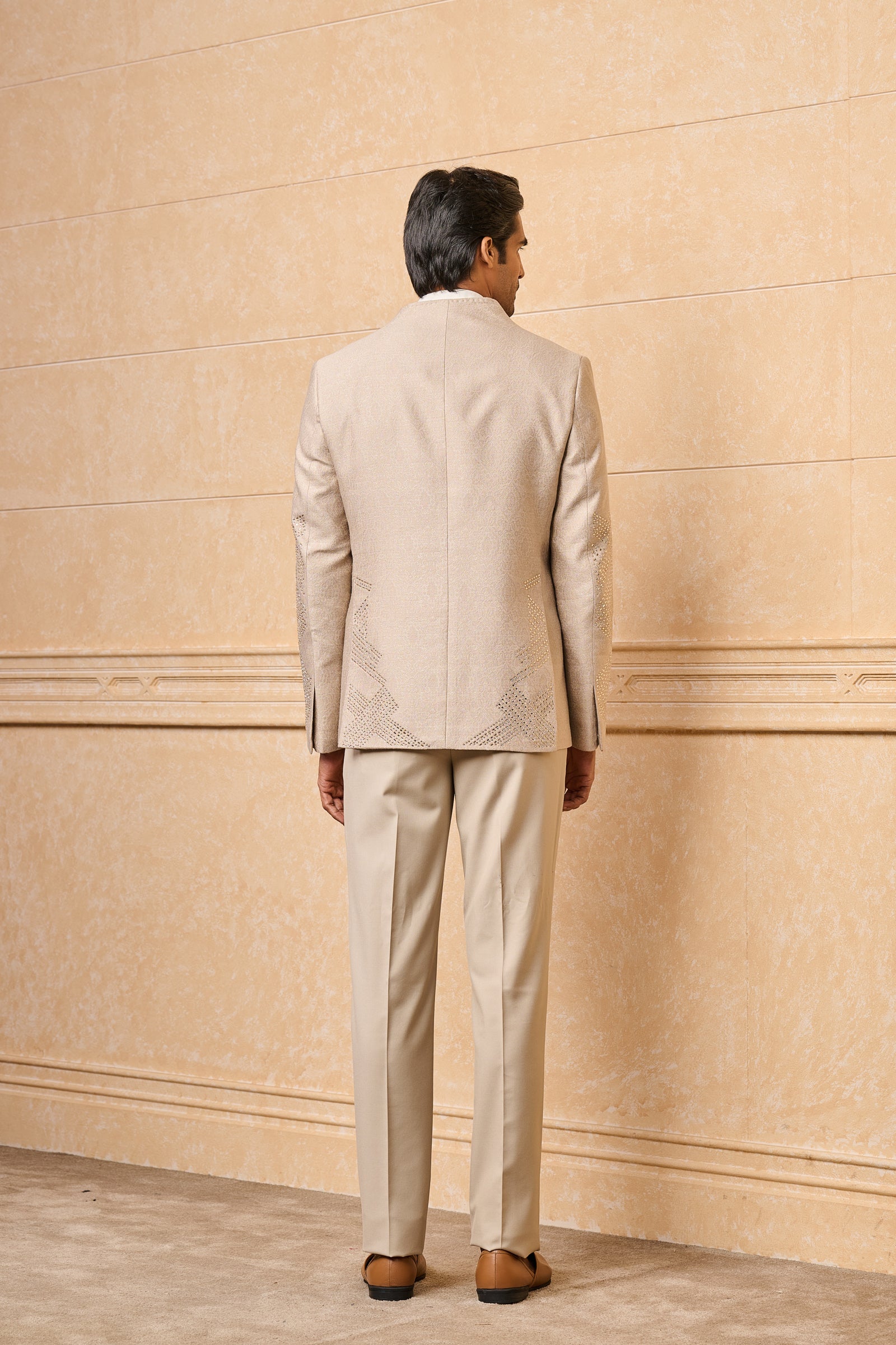 Beige Jacquard Dinner Jacket With Placement Embroidery