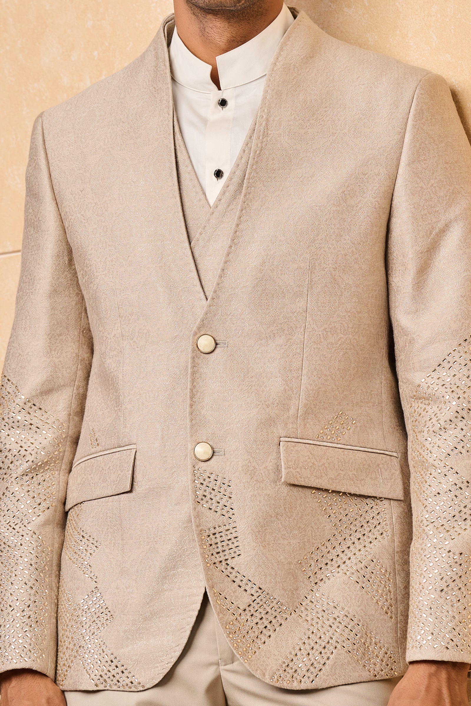 Beige Jacquard Dinner Jacket With Placement Embroidery