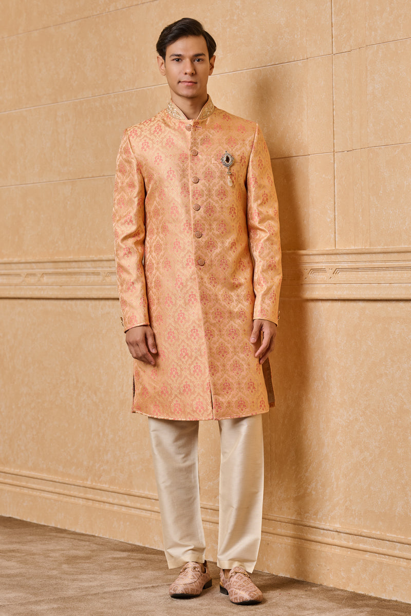 Peach Brocade Indo Western With Zardozi Embroidery
