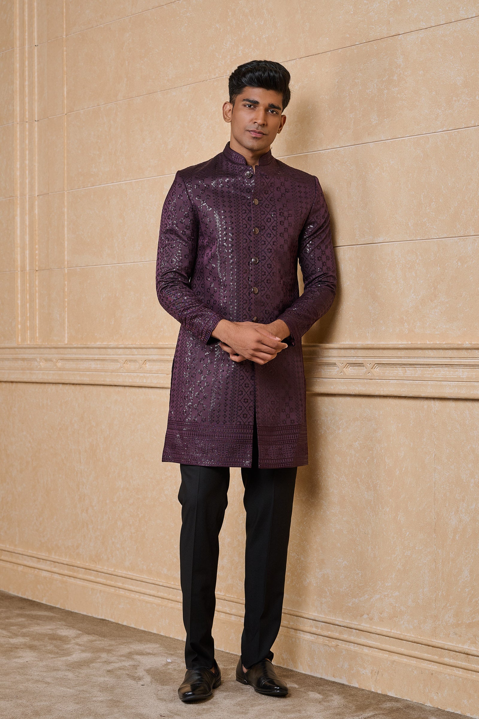 Wine All Over Embroidered Indo Western