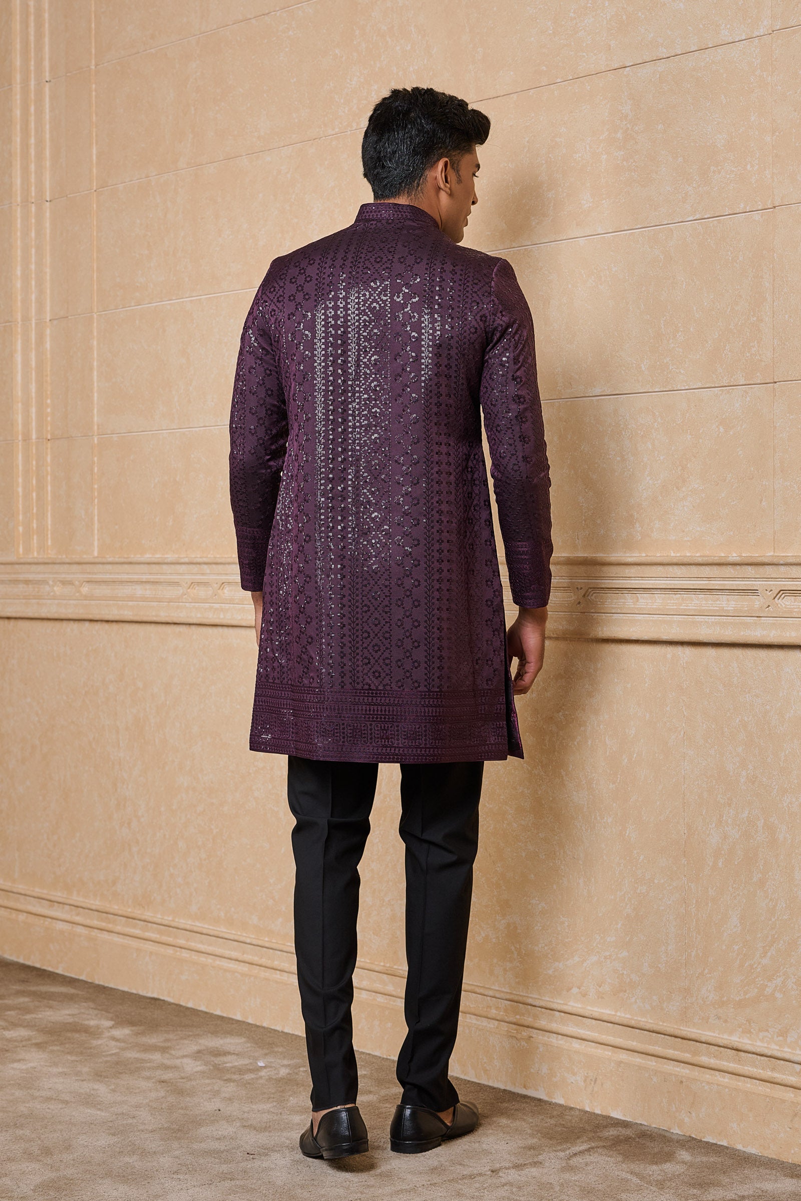 Wine All Over Embroidered Indo Western