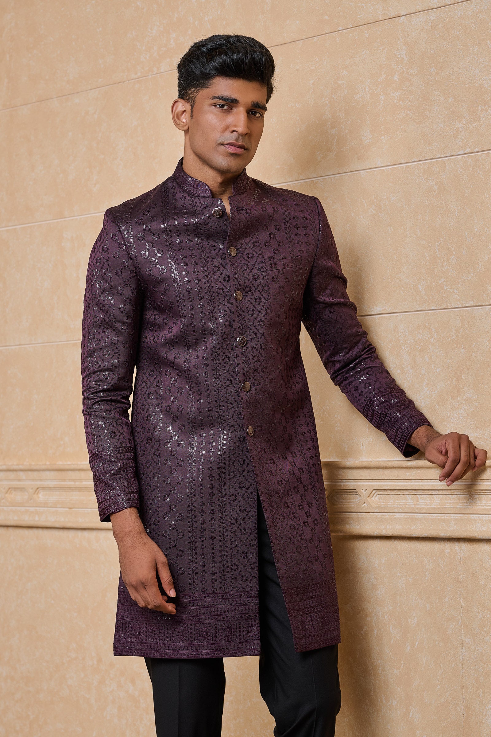 Wine All Over Embroidered Indo Western