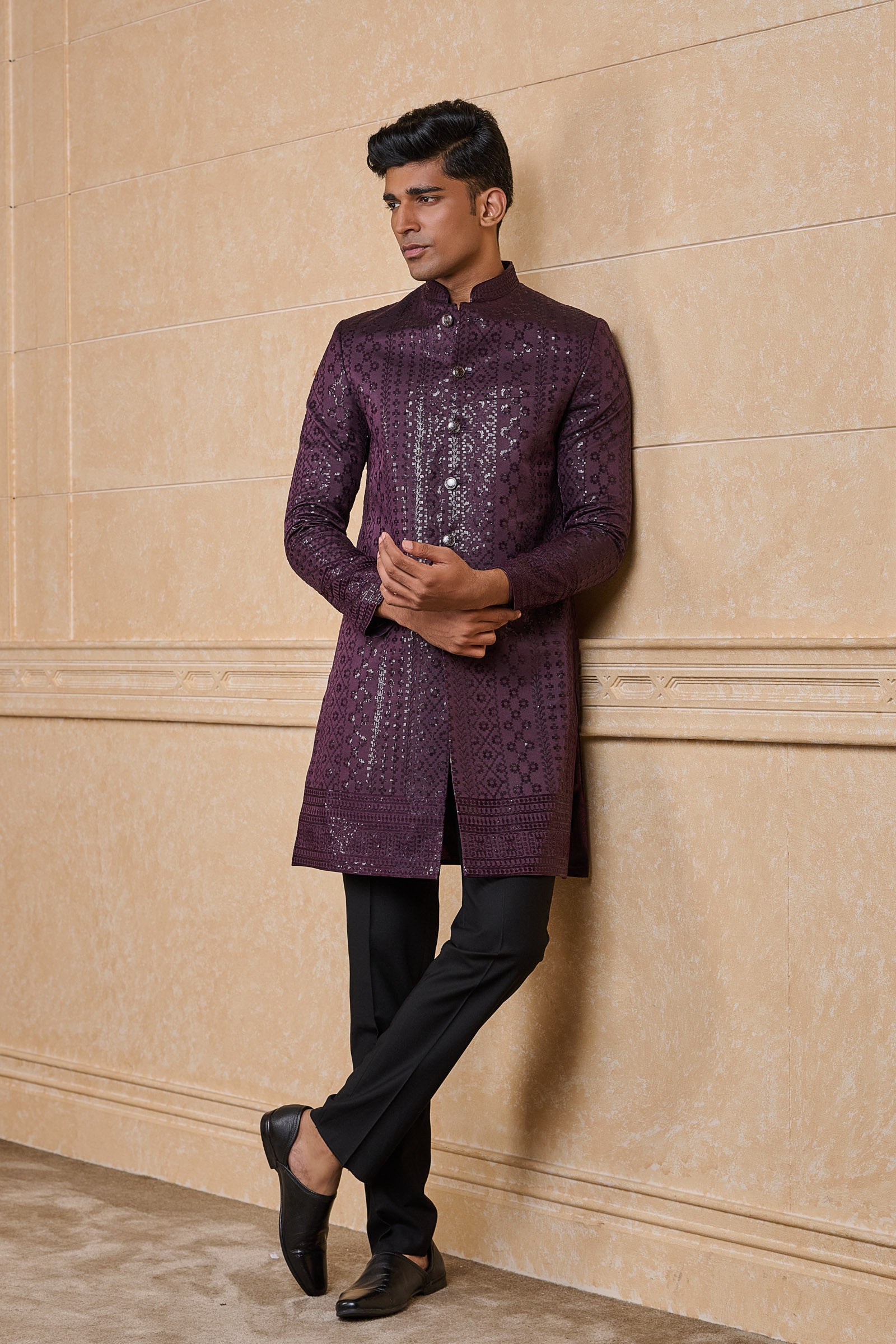 Wine All Over Embroidered Indo Western