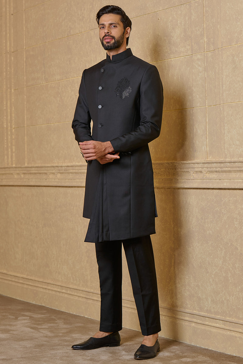 Black Asymmetric Indo Western With Front Pleats