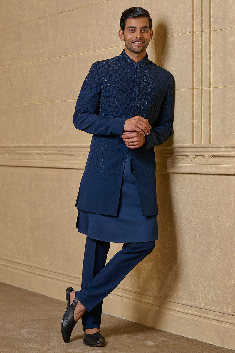 Navy Indo With Placement Hotfix And Drape Kurta