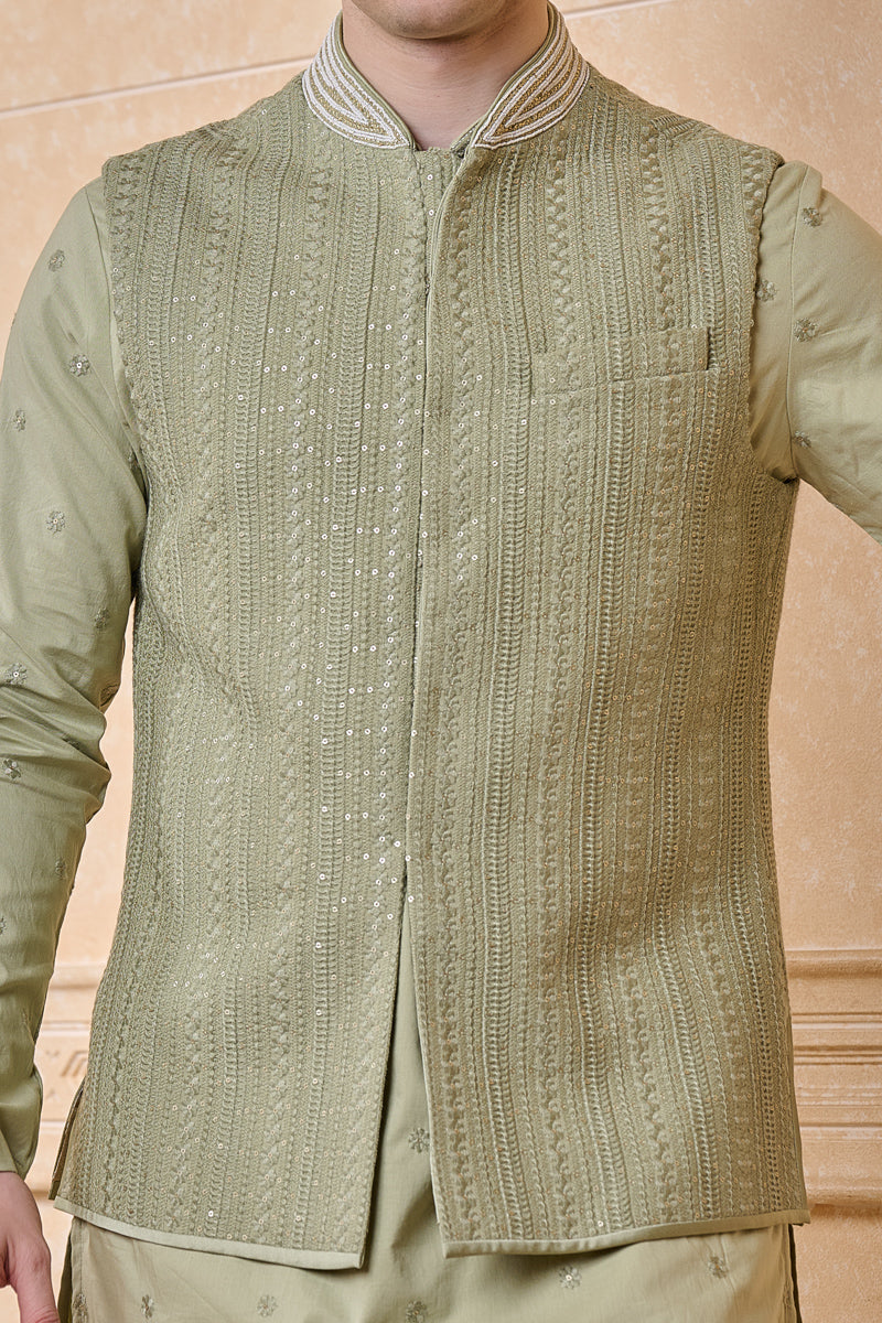 Light Green All Over Embroidered Kurta Bundi Set