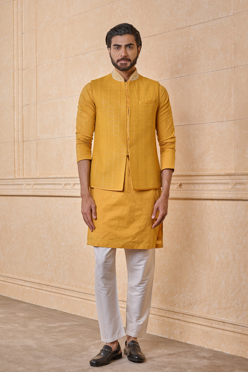 Yellow All Over Embroidered Kurta Bundi Set