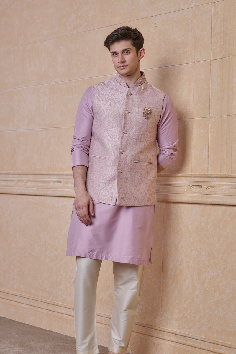 Pink Paisley Brocade Kurta Bundi Set