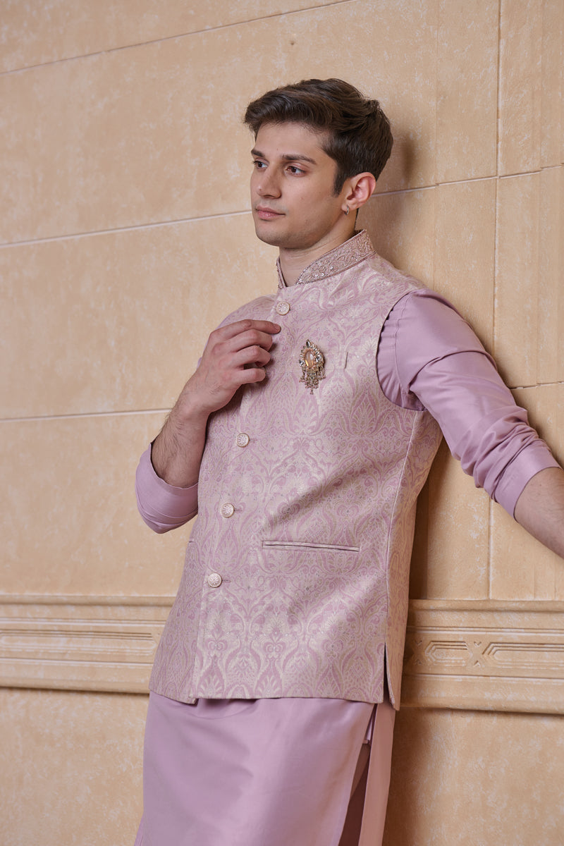 Pink Paisley Brocade Kurta Bundi Set