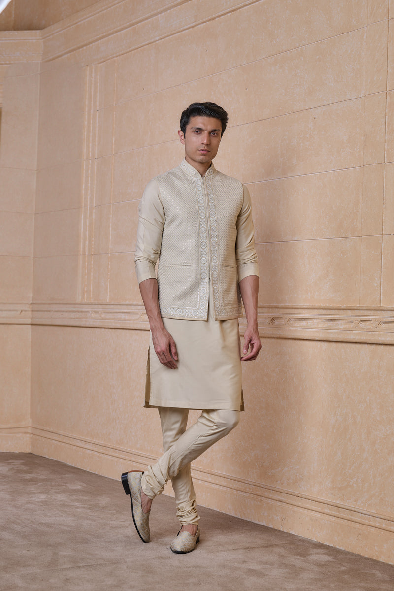 Beige Embroidered Kurta Bundi Set