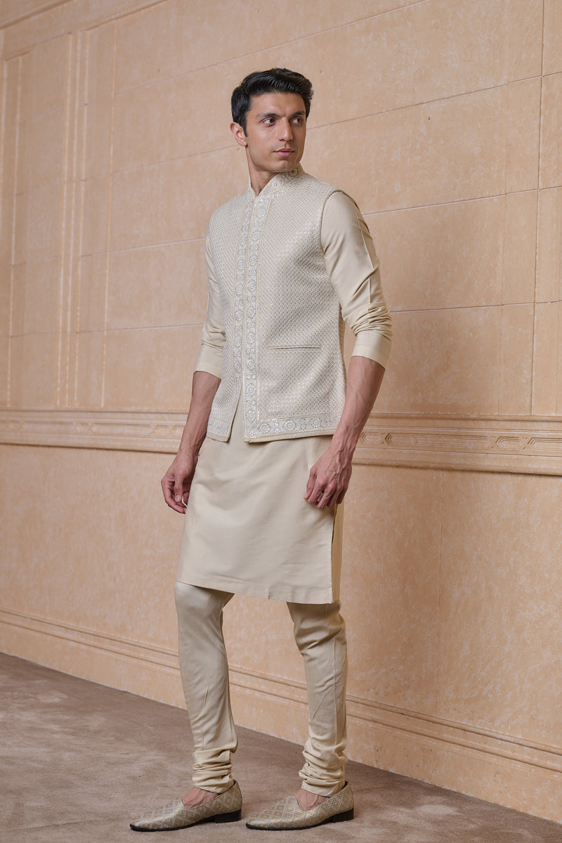 Beige Embroidered Kurta Bundi Set