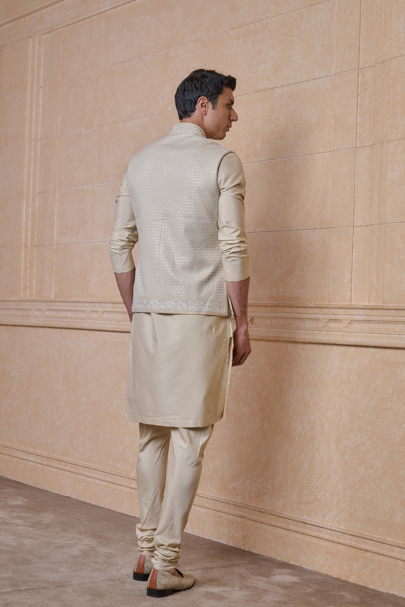 Beige Embroidered Kurta Bundi Set