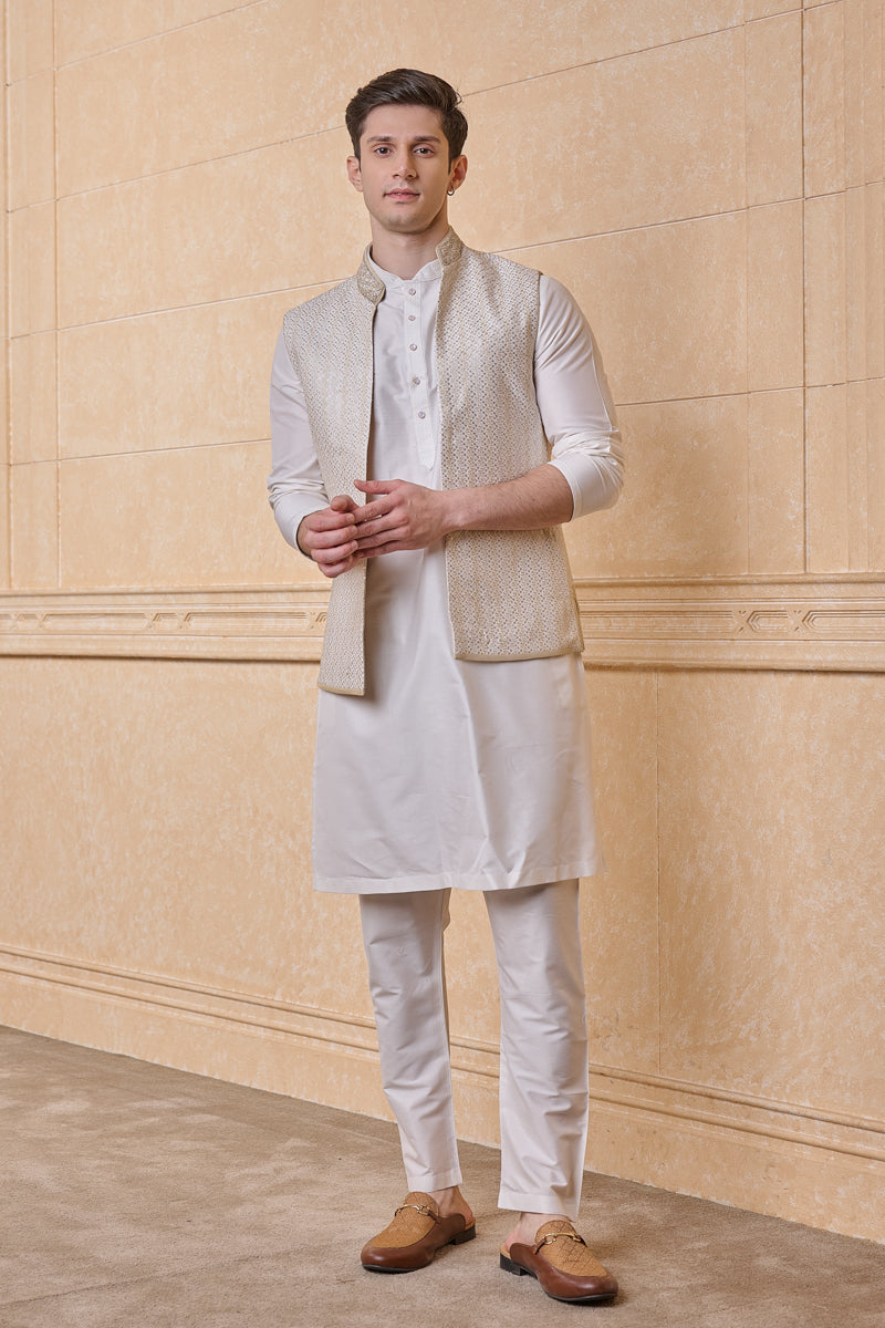 Ivory All Over Embroidered Kurta Bundi Set