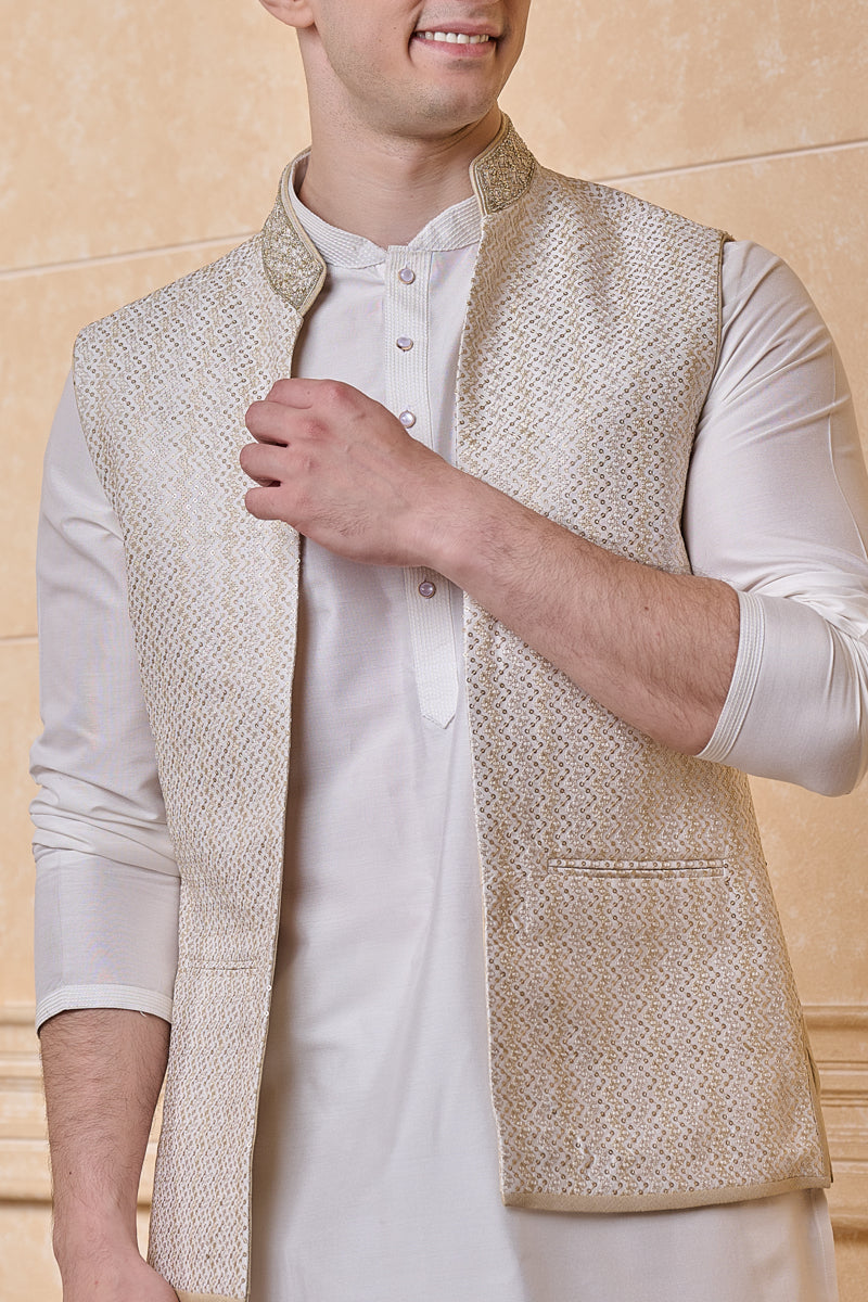 Ivory All Over Embroidered Kurta Bundi Set