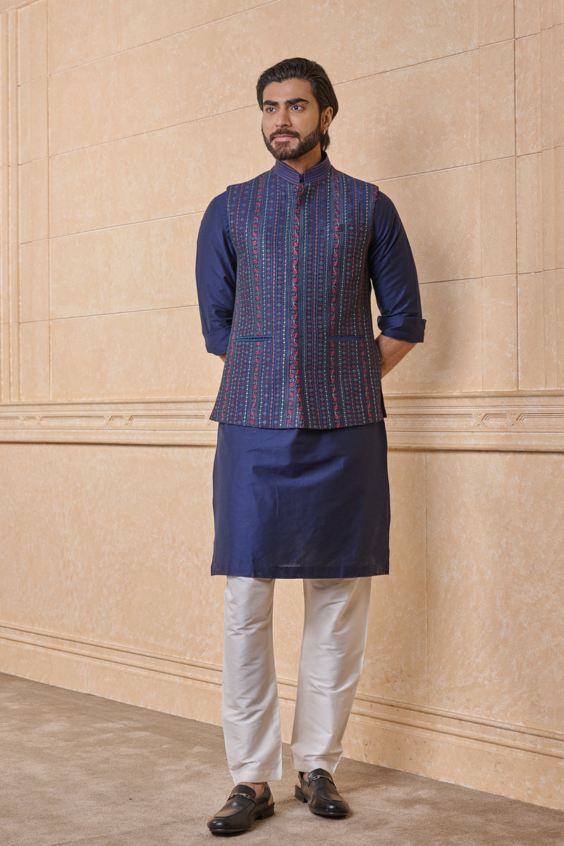 Navy All Over Embroidered Kurta Bundi Set