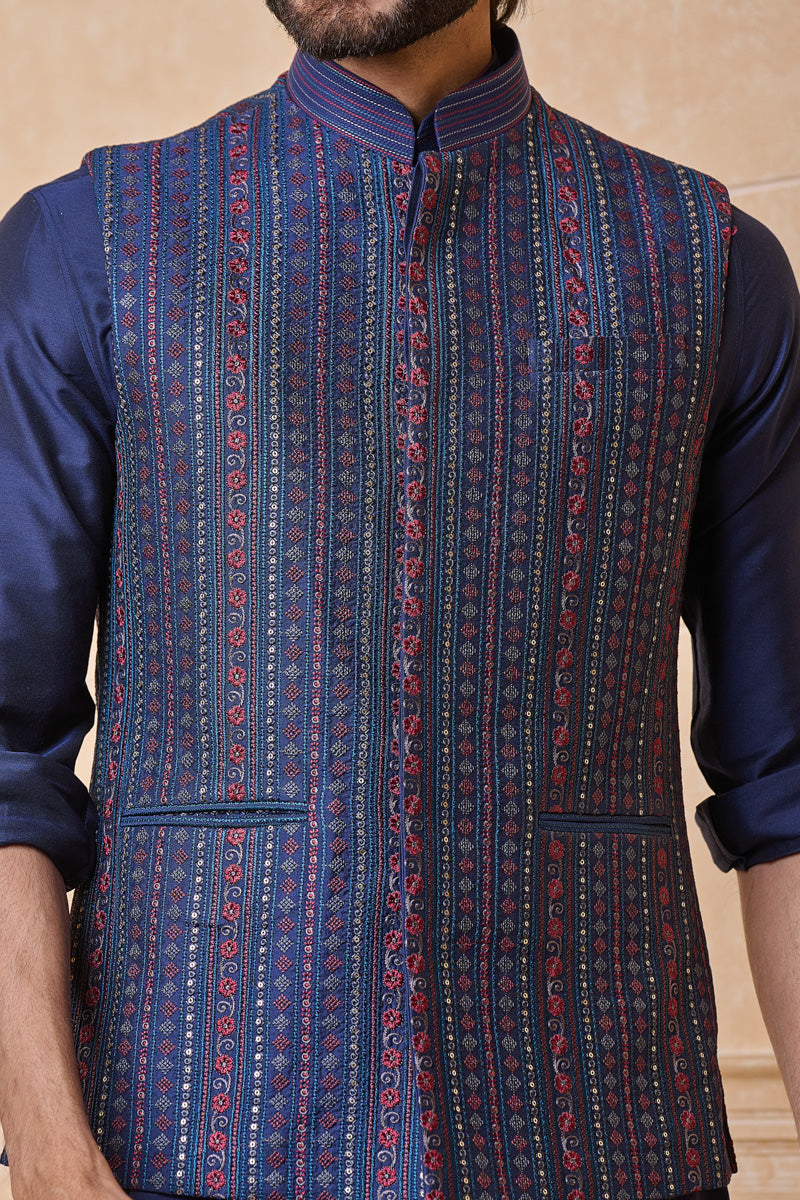 Navy All Over Embroidered Kurta Bundi Set