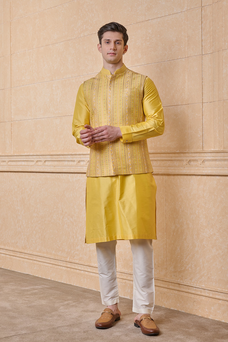 Yellow All Over Embroidered Kurta Bundi Set