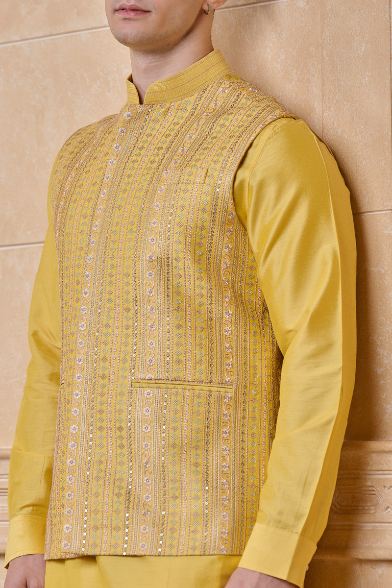Yellow All Over Embroidered Kurta Bundi Set