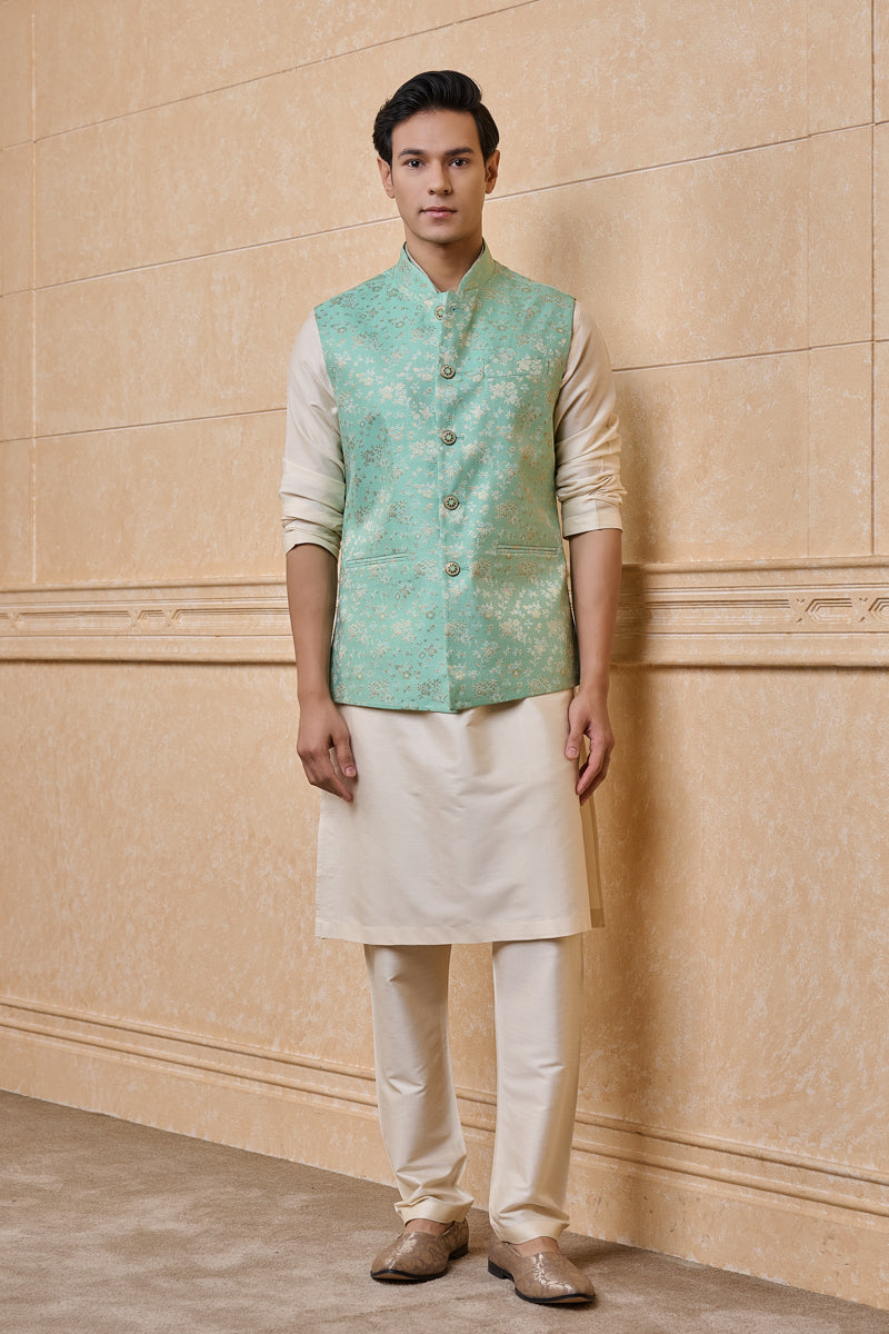 Green Classic Brocade Kurta Bundi Set