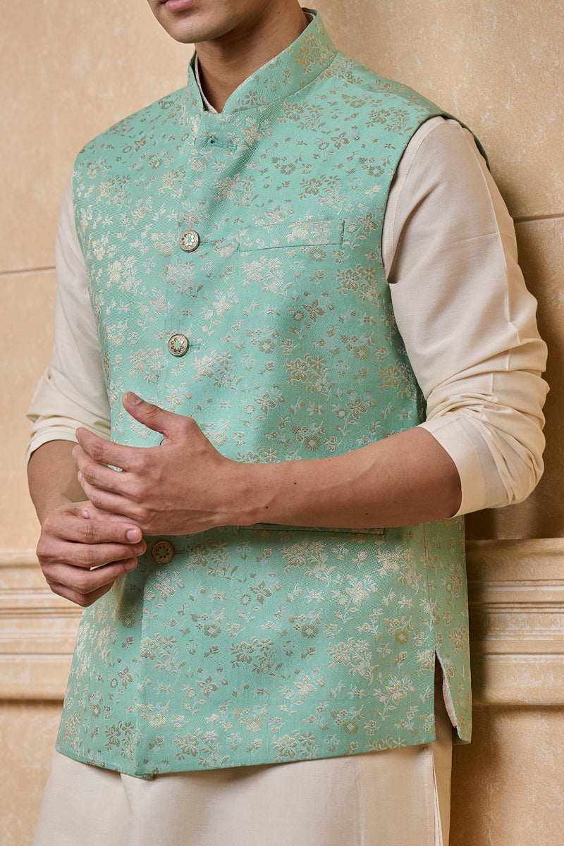 Green Classic Brocade Kurta Bundi Set