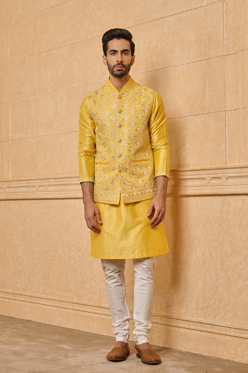 Yellow Georgette Embroidered Kurta Bundi Set