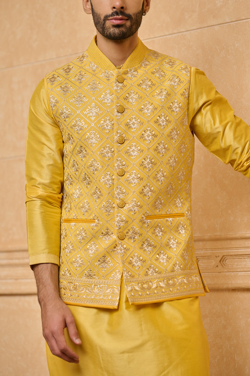 Yellow Georgette Embroidered Kurta Bundi Set