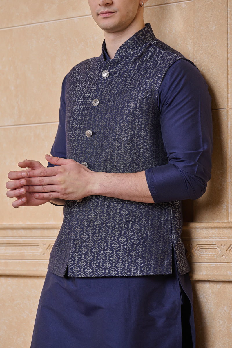 Navy Brocade Kurta Bundi Set