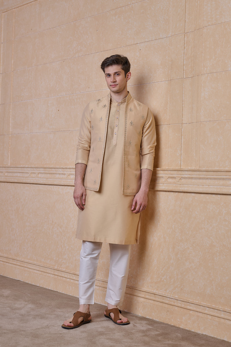 Beige All Over Embroidered Kurta Bundi Set