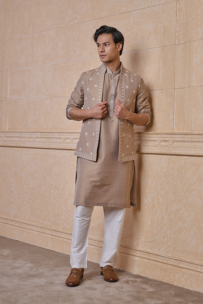 Beige All Over Embroidered Kurta Bundi Set