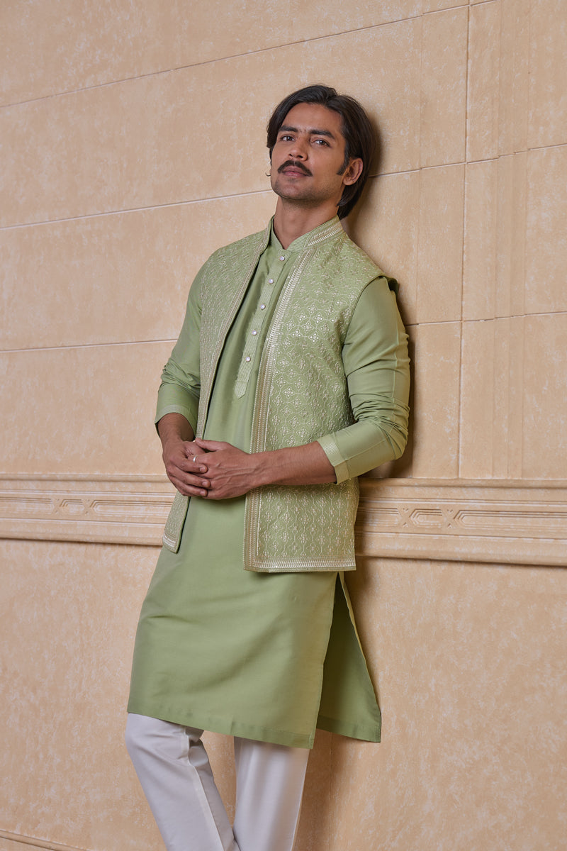 Light Green All Over Embroidered Kurta Bundi Set