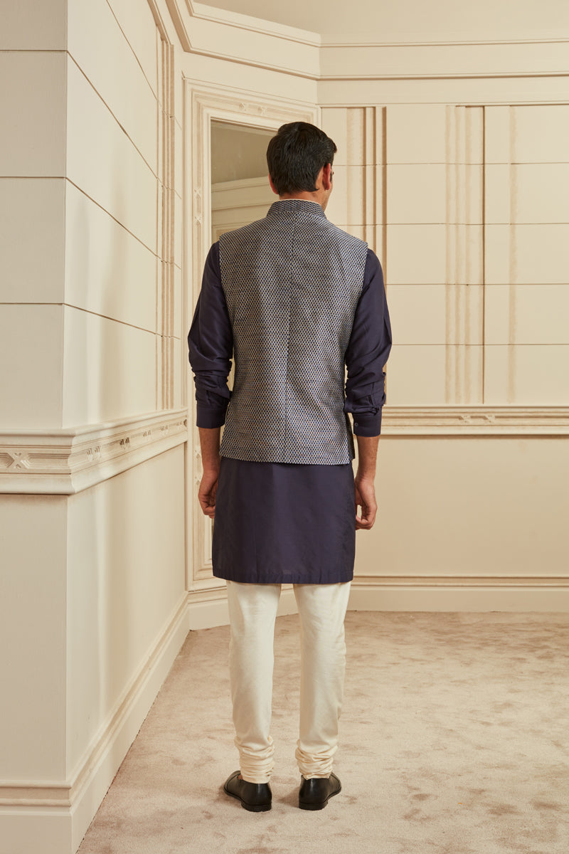 Blue Brocade Kurta Bundi Set