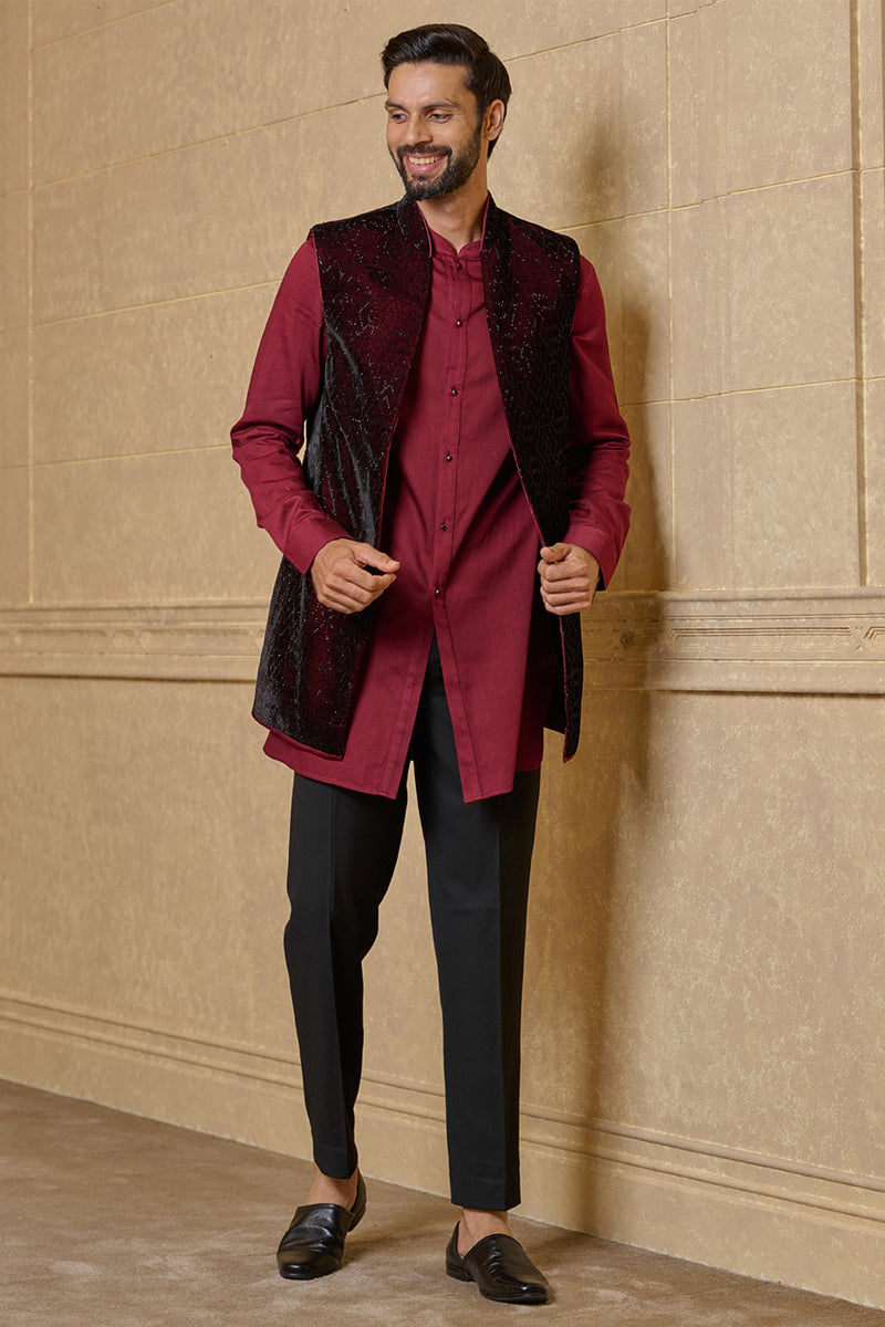 Wine Hotfix Embroidered Kurta Bundi Set