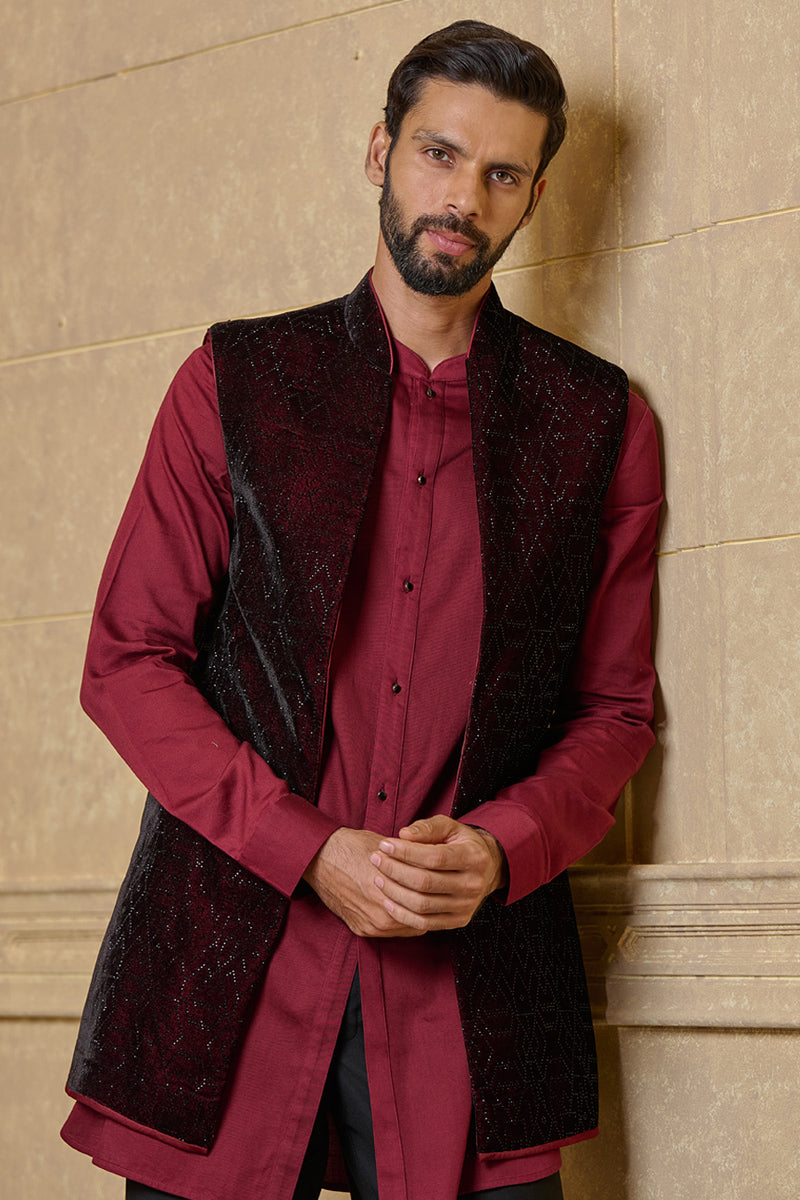 Wine Hotfix Embroidered Kurta Bundi Set