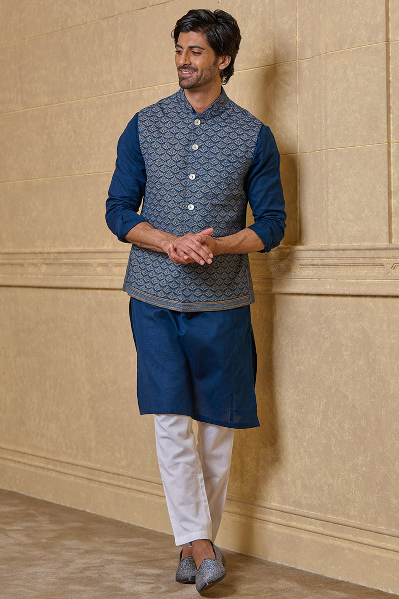 Blue All Over Printed Kurta Bundi Set