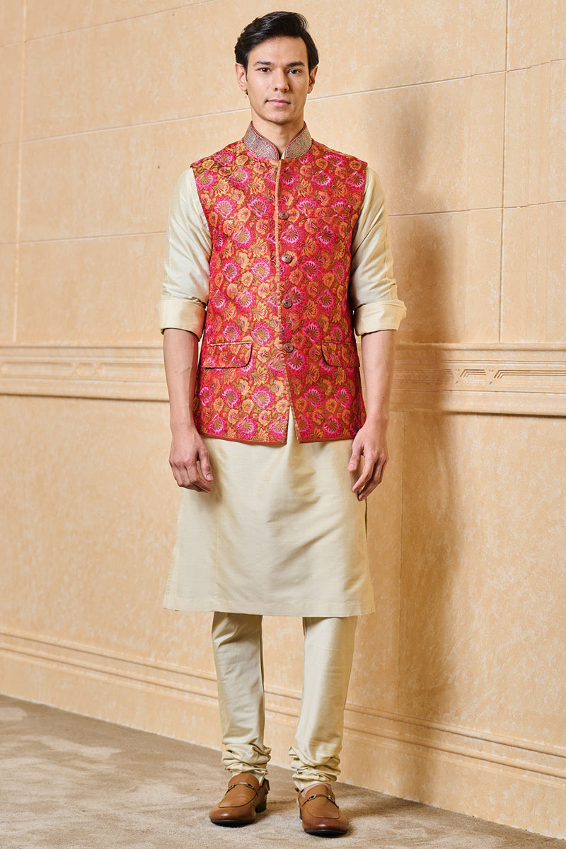 Red Floral Brocade Kurta Bundi Set