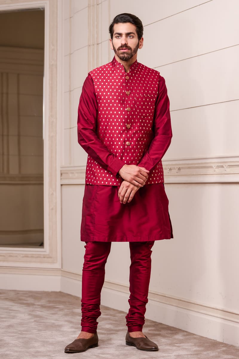 Red Brocade Kurta Bundi Set