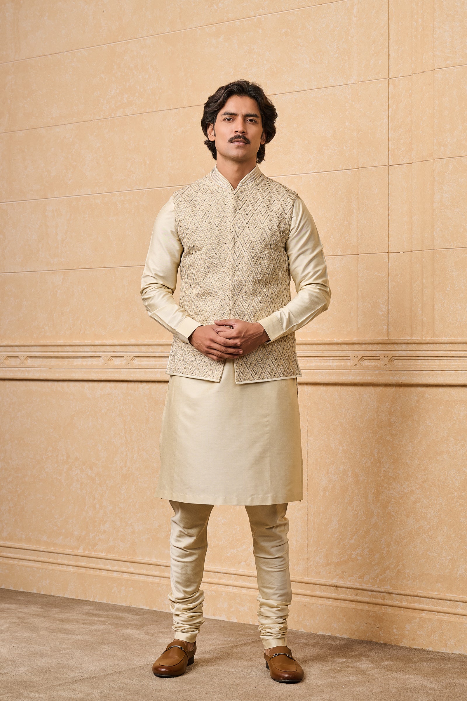 Gold All Over Embroidered Kurta Bundi Set