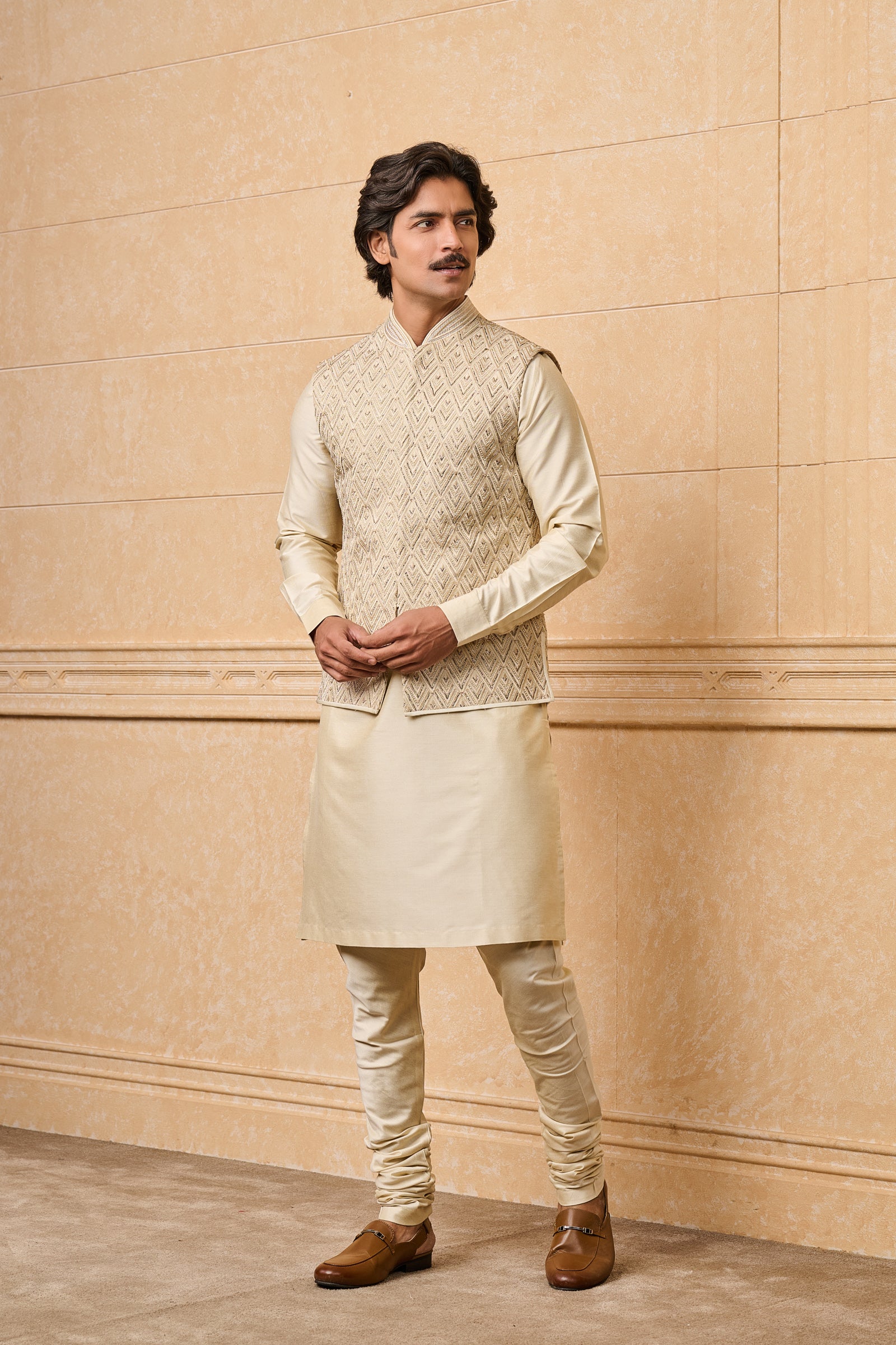 Gold All Over Embroidered Kurta Bundi Set