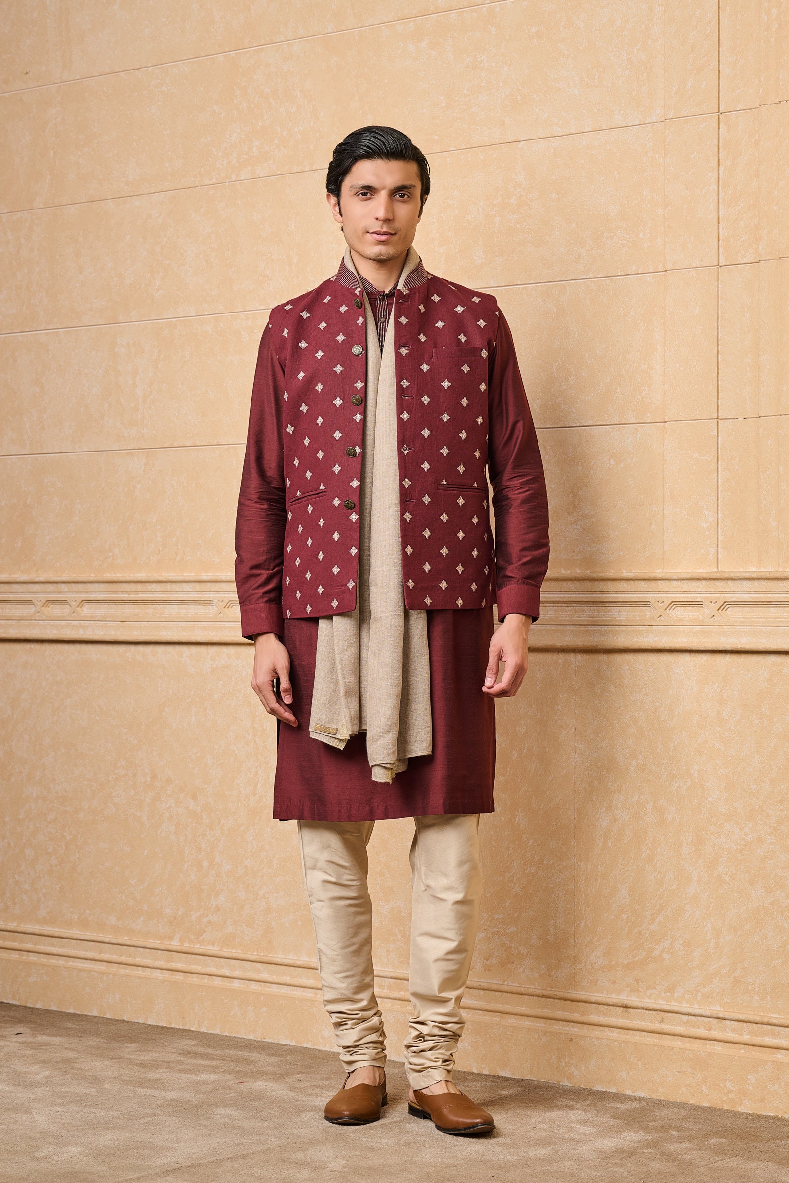 Wine All Over Embroidered Cotton Kurta Bundi Set