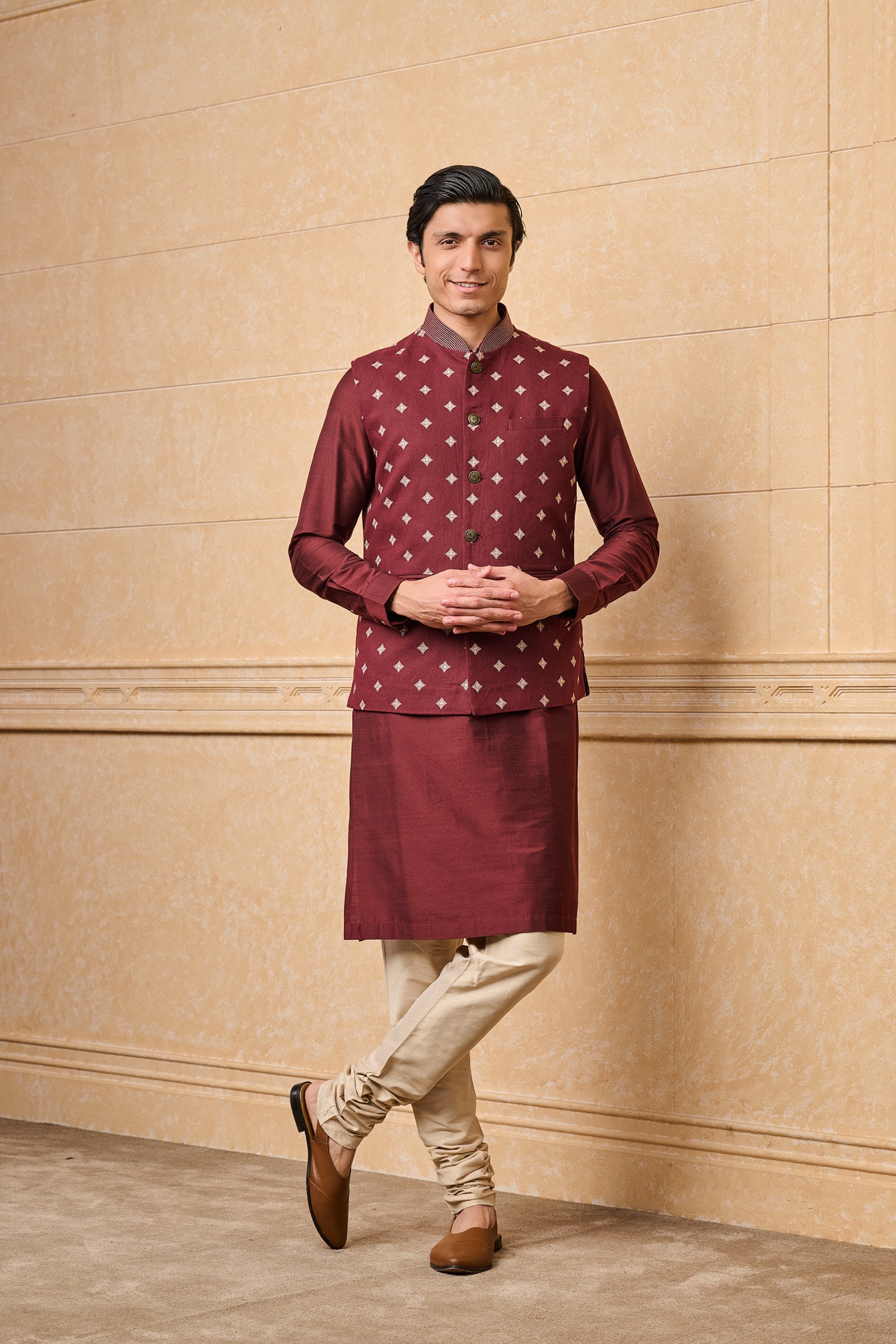 Wine All Over Embroidered Cotton Kurta Bundi Set