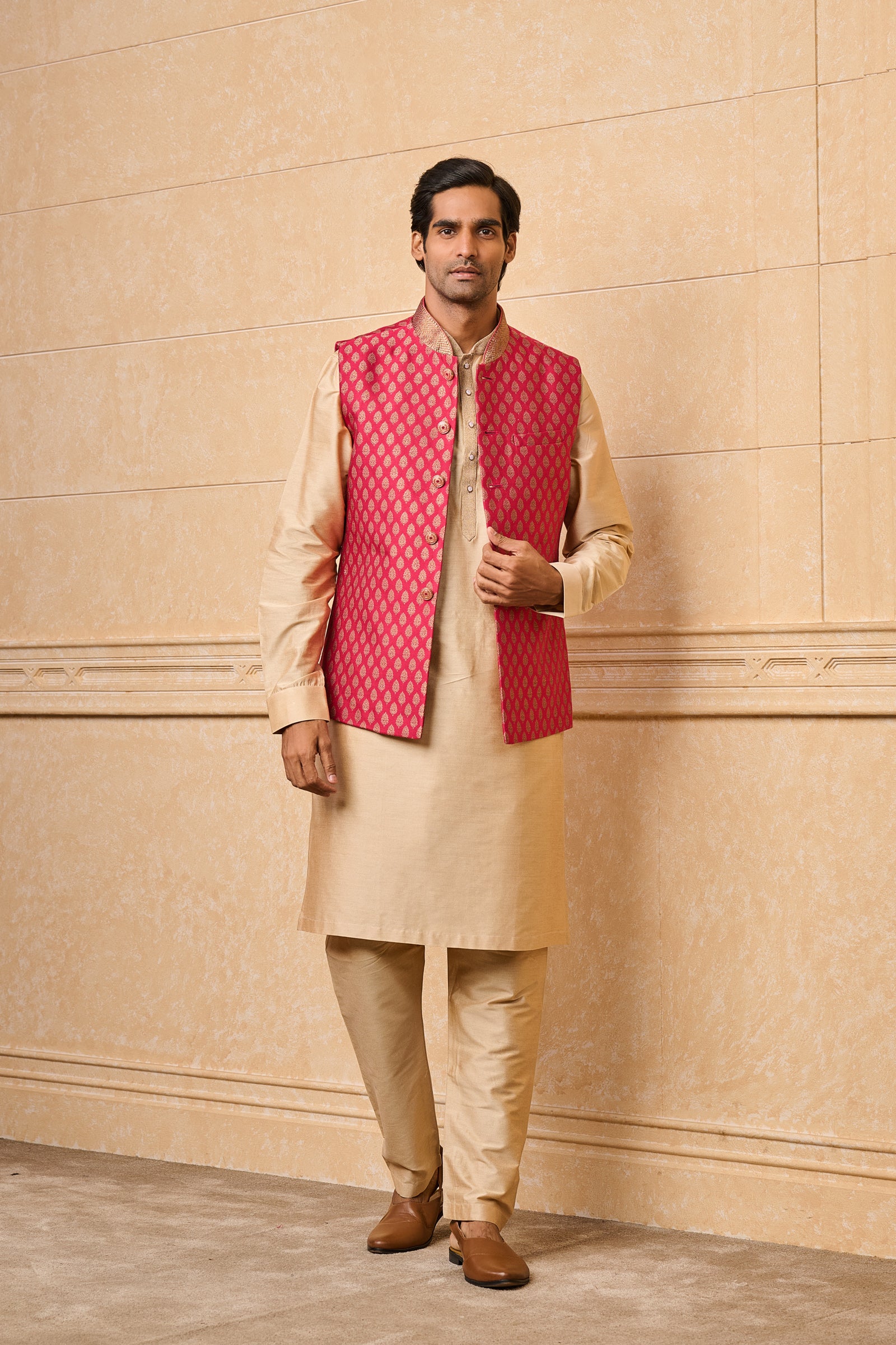 Magenta Brocade Kurta Bundi Set