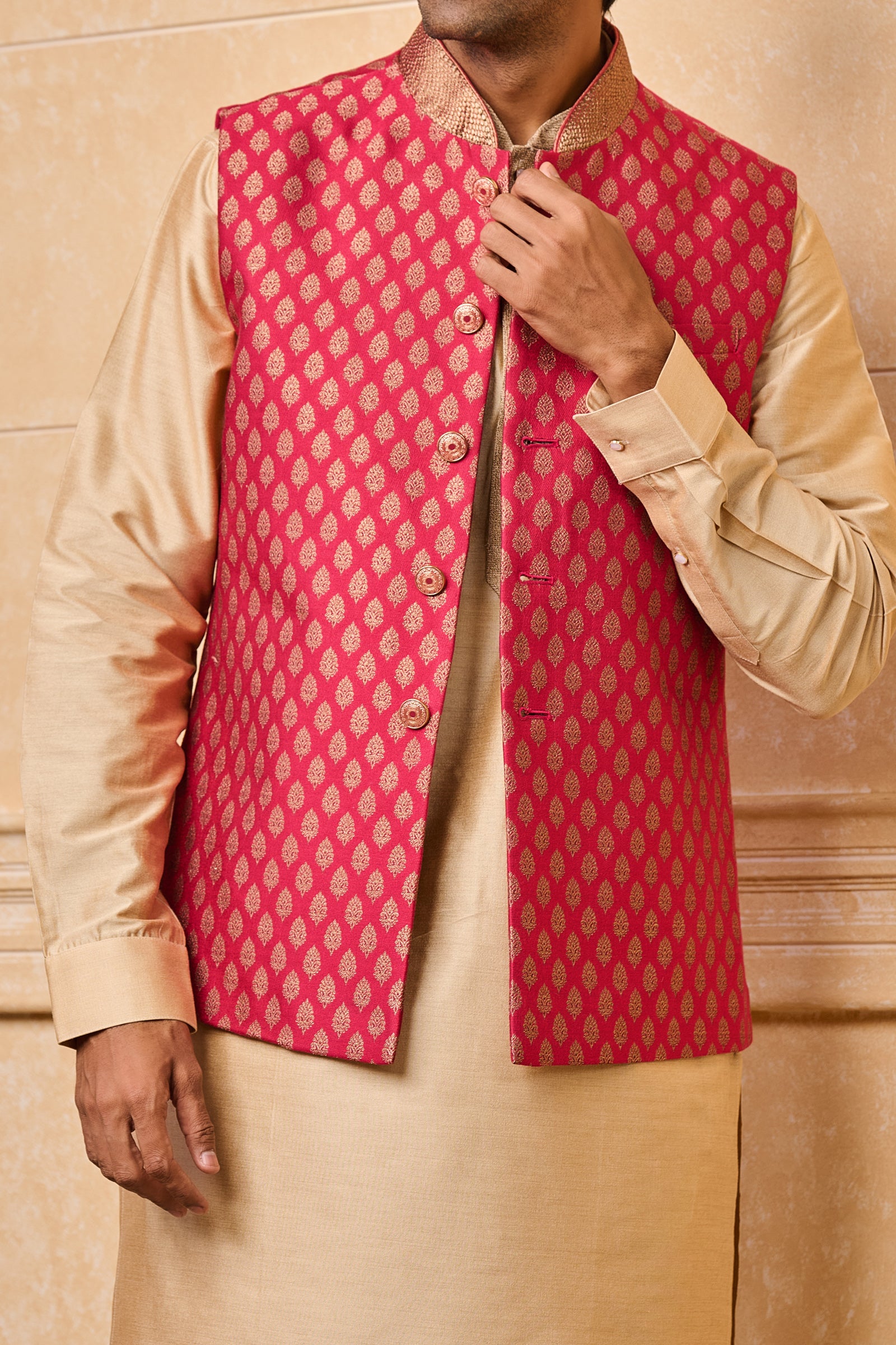 Magenta Brocade Kurta Bundi Set