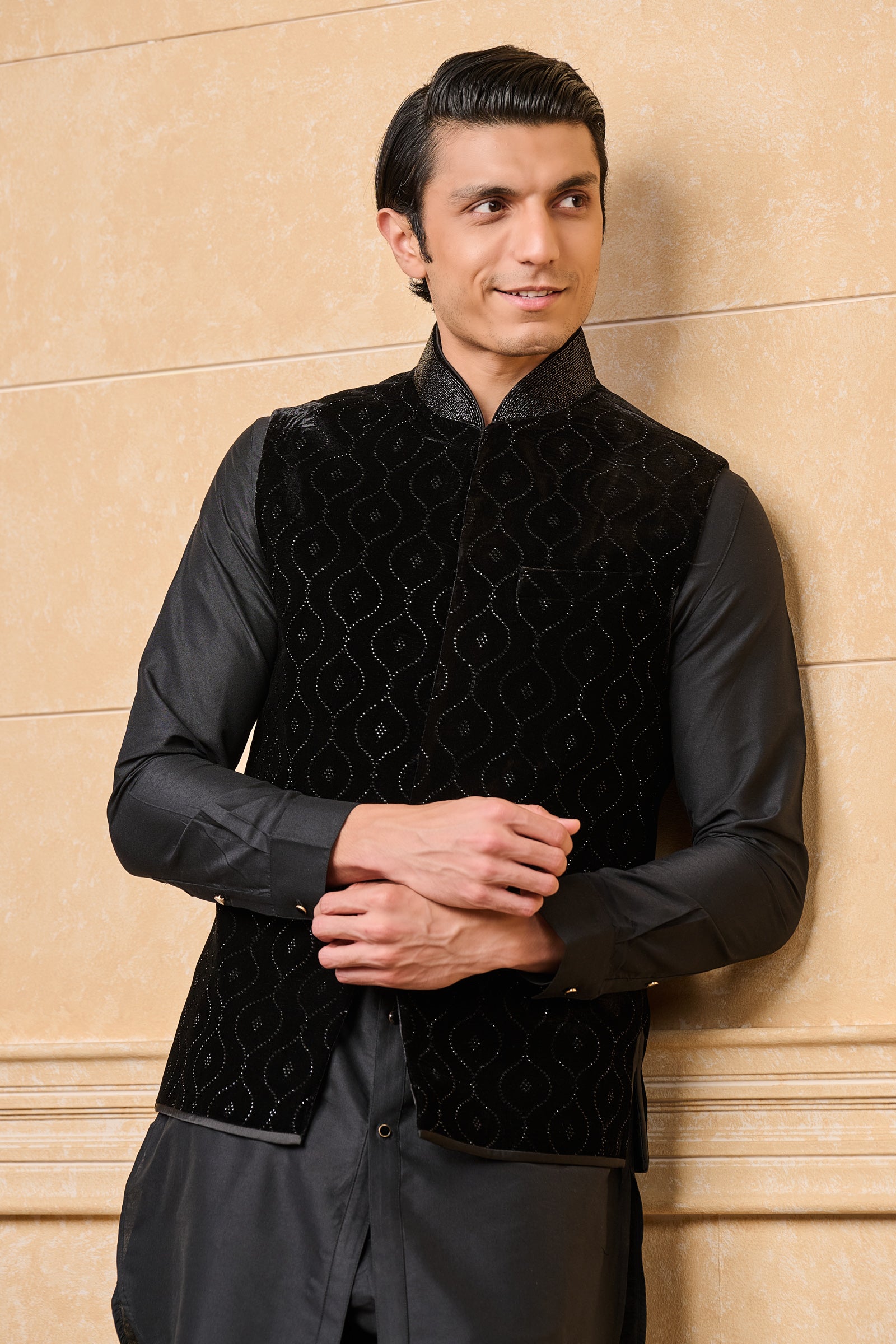 Black Hotfix Embroidered Kurta Bundi Set