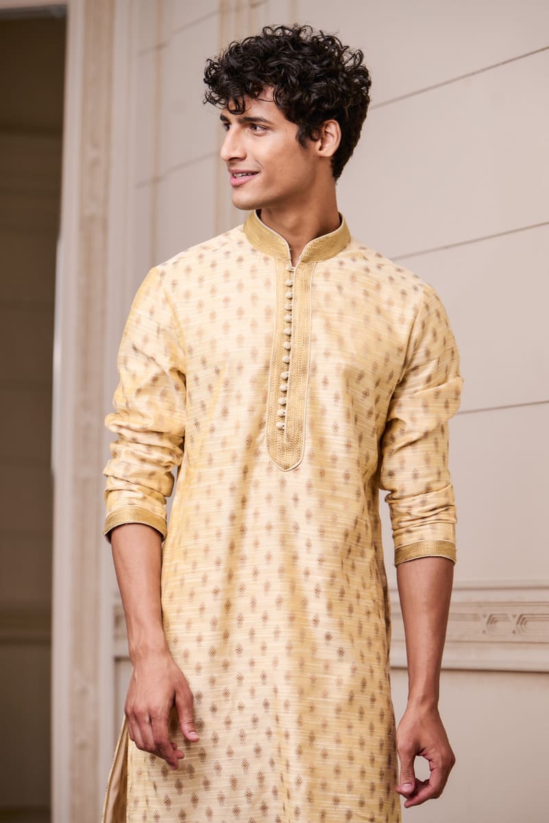 Gold Jacquard Kurta Set with Top Stich Detailing