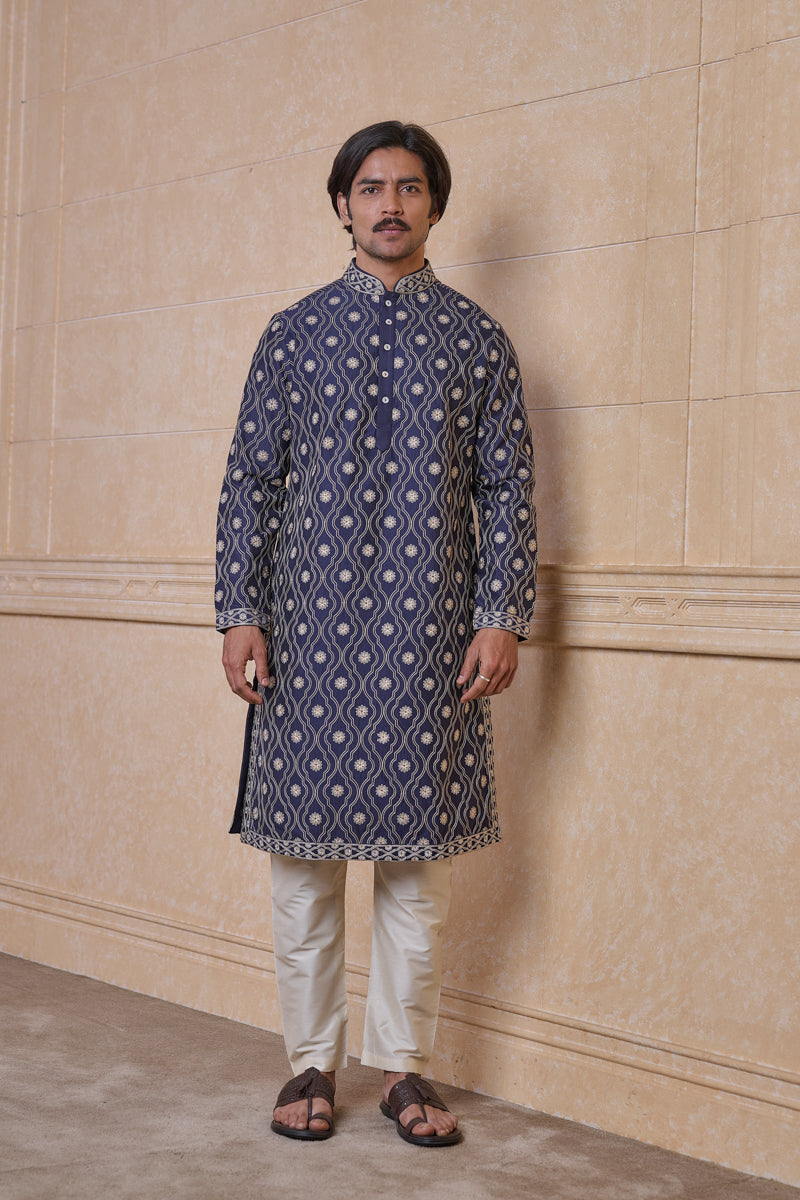 Navy All Over Thread Embroidered Kurta Set
